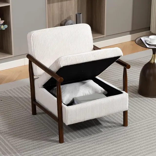 Main image of Storage Armchair with Wide Seat, Mid Century Single Accent Chair with Wooden Armrest, Corduroy Upholstered Living Room Reading Chair with Waist Cushion for Apartment, Bedroom, Sunroom, Antique White