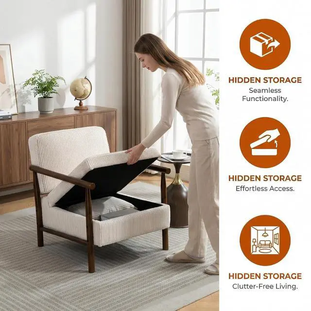 Alt view image 3 of 7 - Storage Armchair with Wide Seat, Mid Century Single Accent Chair with Wooden Armrest, Corduroy Upholstered Living Room Reading Chair with Waist Cushion for Apartment, Bedroom, Sunroom, Antique White