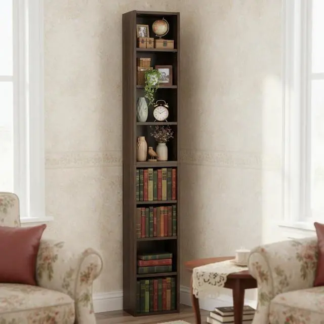 Main image of 8-Tier Tall Sling Bookshelf, Narrow DVD Display Shelf, CD Tower Rack, Cube Storage Organizer with Adjustable Shelves, Double-Decker Bookcase for Home Office Decor, Walnut