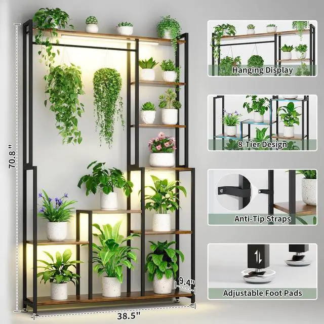 Alt view image 4 of 7 - Large Metal Plant Stand Indoor with Grow Light, 8 Tiered Plant Shelf Indoor, Square Flower Holder Display Rack, 71" Tall Corner Shelves Organizer for Living Room, Balcony, Patio, Garden