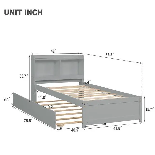 Alt view image 2 of 5 - Twin Trundle Bed with Bookcase, Wood Platform Single Bed Frame with Trundle and Storage Headboard, Solid Wooden Slat Support, Bedroom Furniture, Grey