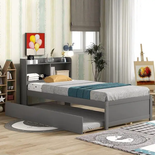 Main image of Twin Trundle Bed with Bookcase, Wood Platform Single Bed Frame with Trundle and Storage Headboard, Solid Wooden Slat Support, Bedroom Furniture, Grey