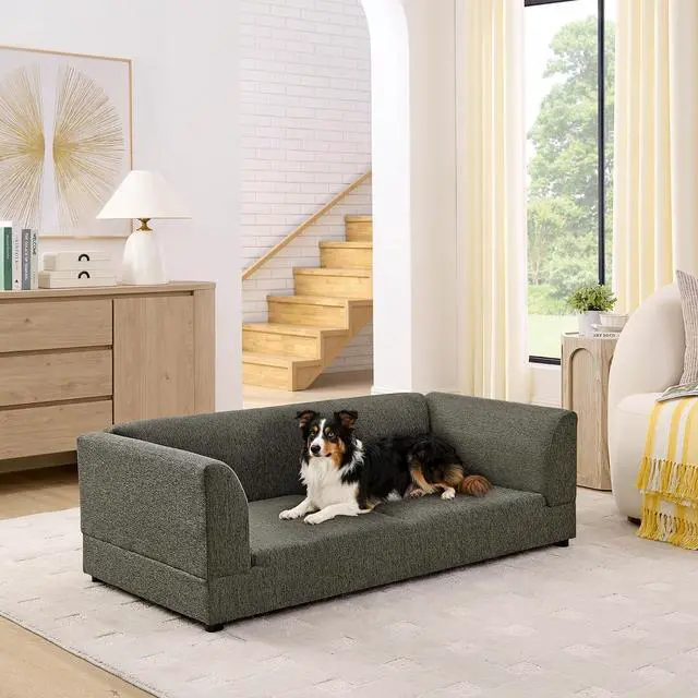 Alt view image 2 of 7 - Elevated XL Dog Bed with Soft Tufted Backrest and Armrest, Dark Gray | Raised Dog Couch for Large and X Large Dogs, Linen Upholstered Comfy Pet Furniture with Legs, 120lbs Weight Capacity