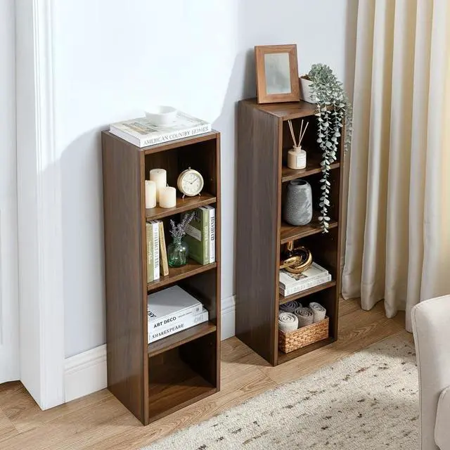 Alt view image 3 of 7 - 8-Tier Tall Sling Bookshelf, Narrow DVD Display Shelf, CD Tower Rack, Cube Storage Organizer with Adjustable Shelves, Double-Decker Bookcase for Home Office Decor, Walnut