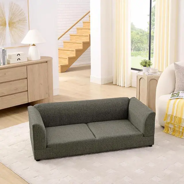 Alt view image 3 of 7 - Elevated XL Dog Bed with Soft Tufted Backrest and Armrest, Dark Gray | Raised Dog Couch for Large and X Large Dogs, Linen Upholstered Comfy Pet Furniture with Legs, 120lbs Weight Capacity