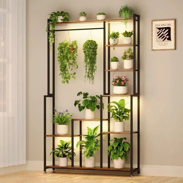 Alt view image 7 of 7 - Large Metal Plant Stand Indoor with Grow Light, 8 Tiered Plant Shelf Indoor, Square Flower Holder Display Rack, 71" Tall Corner Shelves Organizer for Living Room, Balcony, Patio, Garden