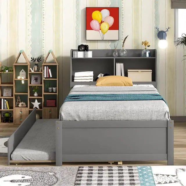 Alt view image 3 of 5 - Twin Trundle Bed with Bookcase, Wood Platform Single Bed Frame with Trundle and Storage Headboard, Solid Wooden Slat Support, Bedroom Furniture, Grey