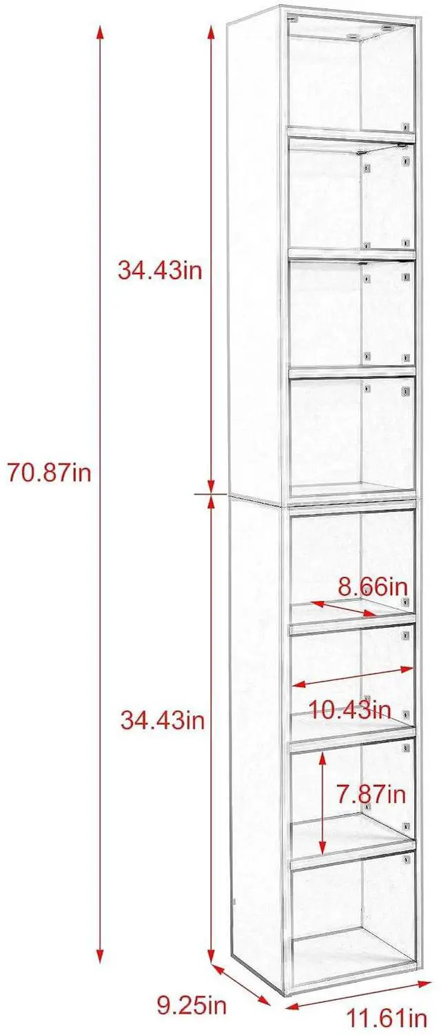 Alt view image 2 of 7 - 8-Tier Tall Sling Bookshelf, Narrow DVD Display Shelf, CD Tower Rack, Cube Storage Organizer with Adjustable Shelves, Double-Decker Bookcase for Home Office Decor, Walnut