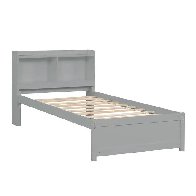 Alt view image 5 of 5 - Twin Trundle Bed with Bookcase, Wood Platform Single Bed Frame with Trundle and Storage Headboard, Solid Wooden Slat Support, Bedroom Furniture, Grey