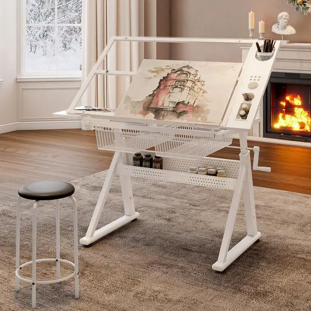 Main image of Height Adjustable Drafting Table with Glass Top, Drawers, Stool, White | Hand Crank Adjustable Drawing Desk with Tiltable Tempered Glass Top, Metal Storage Drawers for Diamond Painting, Craft DIY