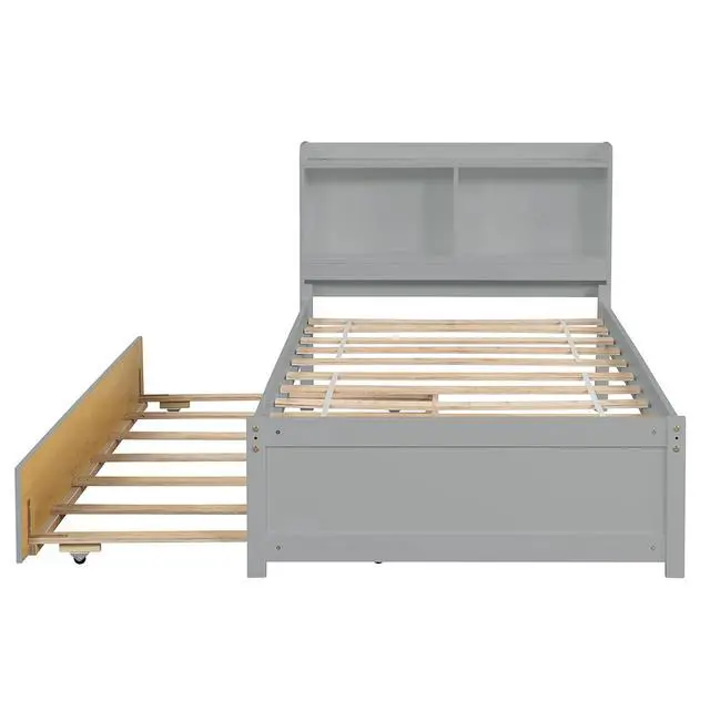 Alt view image 4 of 5 - Twin Trundle Bed with Bookcase, Wood Platform Single Bed Frame with Trundle and Storage Headboard, Solid Wooden Slat Support, Bedroom Furniture, Grey