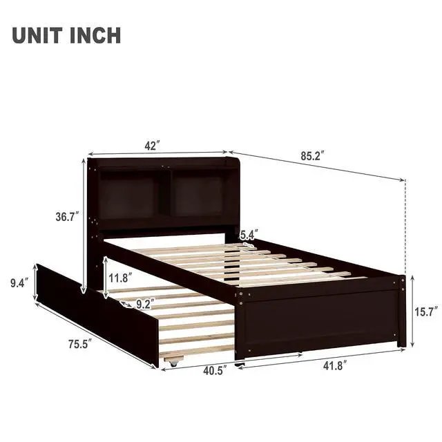 Alt view image 2 of 5 - Twin Trundle Bed with Bookcase, Wood Platform Single Bed Frame with Trundle and Storage Headboard, Solid Wooden Slat Support, Bedroom Furniture, Espresso