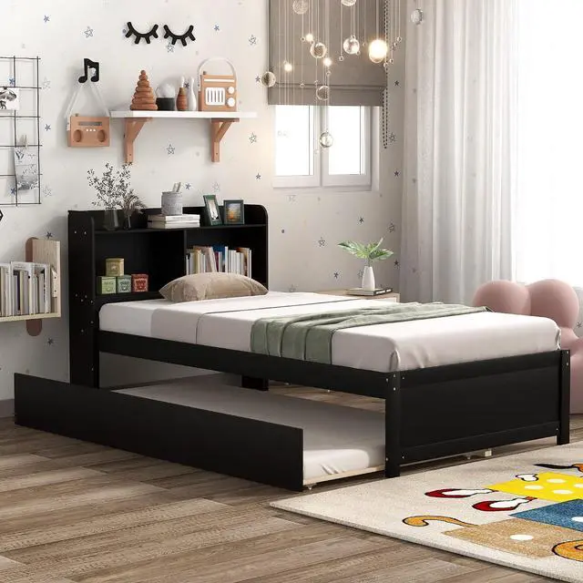 Main image of Twin Trundle Bed with Bookcase, Wood Platform Single Bed Frame with Trundle and Storage Headboard, Solid Wooden Slat Support, Bedroom Furniture, Espresso
