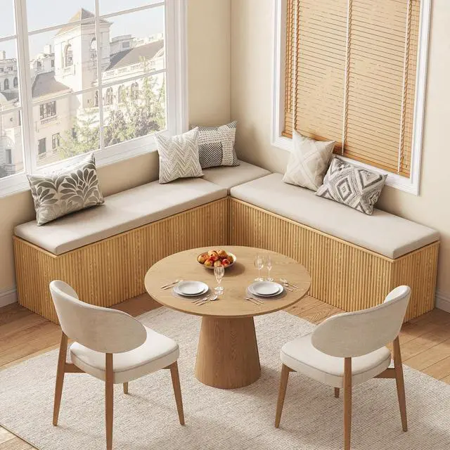 Alt view image 7 of 7 - Breakfast Nook Bench, L Shaped Storage Bench with Cushion, Natural | Fluted Kitchen Corner Dining Bench with Hidden Storage for Dining Room, Entryway, Cloakroom