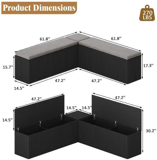 Alt view image 2 of 7 - Breakfast Nook Bench, L Shaped Storage Bench with Cushion, Black | Fluted Kitchen Corner Dining Bench with Hidden Storage for Dining Room, Entryway, Cloakroom