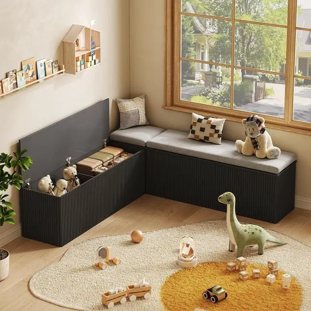 Alt view image 3 of 7 - Breakfast Nook Bench, L Shaped Storage Bench with Cushion, Black | Fluted Kitchen Corner Dining Bench with Hidden Storage for Dining Room, Entryway, Cloakroom