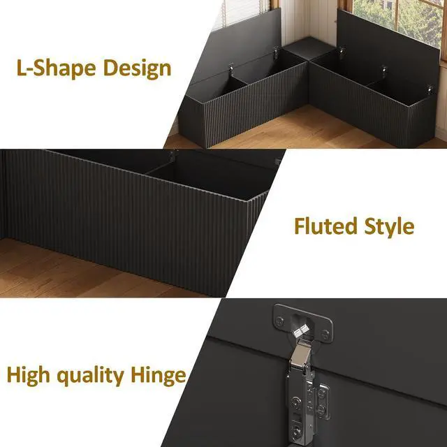 Alt view image 4 of 7 - Breakfast Nook Bench, L Shaped Storage Bench with Cushion, Black | Fluted Kitchen Corner Dining Bench with Hidden Storage for Dining Room, Entryway, Cloakroom