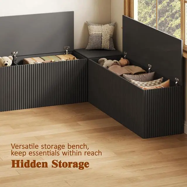 Alt view image 5 of 7 - Breakfast Nook Bench, L Shaped Storage Bench with Cushion, Black | Fluted Kitchen Corner Dining Bench with Hidden Storage for Dining Room, Entryway, Cloakroom