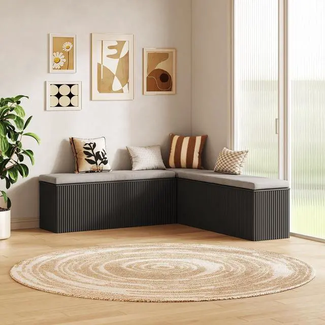 Alt view image 6 of 7 - Breakfast Nook Bench, L Shaped Storage Bench with Cushion, Black | Fluted Kitchen Corner Dining Bench with Hidden Storage for Dining Room, Entryway, Cloakroom