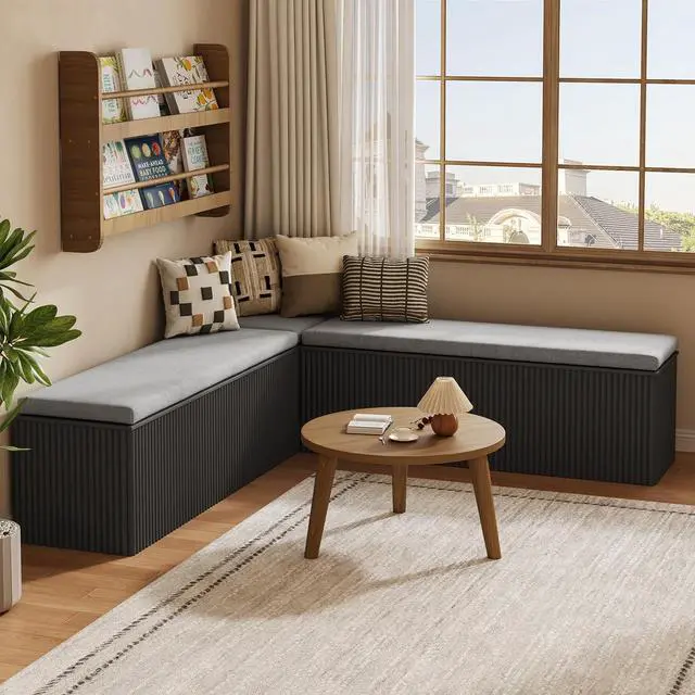 Alt view image 7 of 7 - Breakfast Nook Bench, L Shaped Storage Bench with Cushion, Black | Fluted Kitchen Corner Dining Bench with Hidden Storage for Dining Room, Entryway, Cloakroom