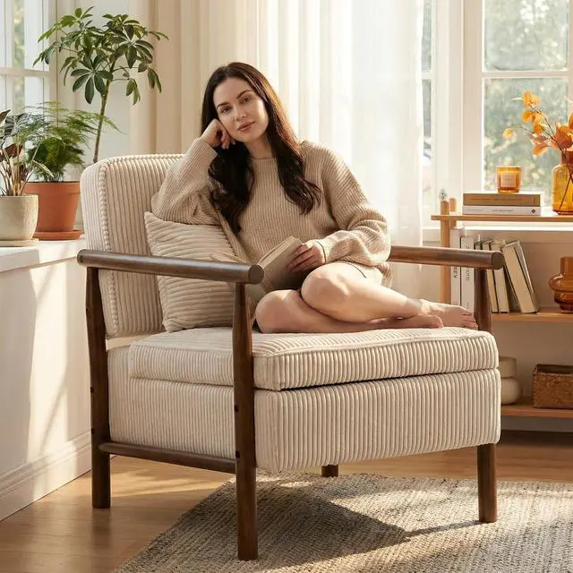 Alt view image 4 of 7 - Storage Armchair with Wide Seat, Mid Century Single Accent Chair with Wooden Armrest, Corduroy Upholstered Living Room Reading Chair with Waist Cushion for Apartment, Bedroom, Sunroom, Antique White