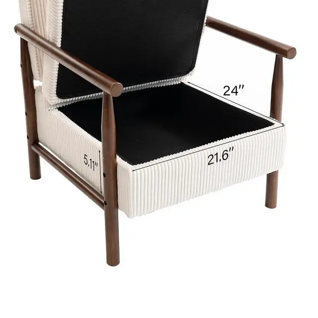 Alt view image 5 of 7 - Storage Armchair with Wide Seat, Mid Century Single Accent Chair with Wooden Armrest, Corduroy Upholstered Living Room Reading Chair with Waist Cushion for Apartment, Bedroom, Sunroom, Antique White