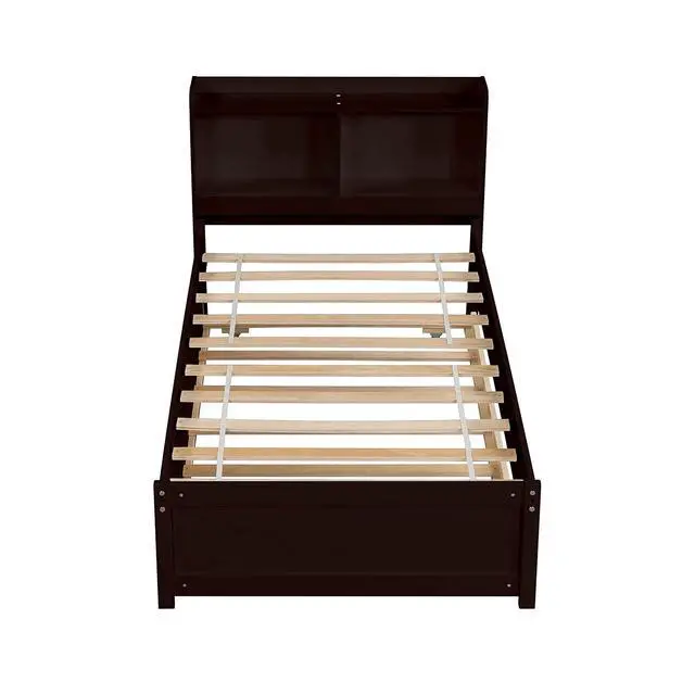 Alt view image 4 of 5 - Twin Trundle Bed with Bookcase, Wood Platform Single Bed Frame with Trundle and Storage Headboard, Solid Wooden Slat Support, Bedroom Furniture, Espresso