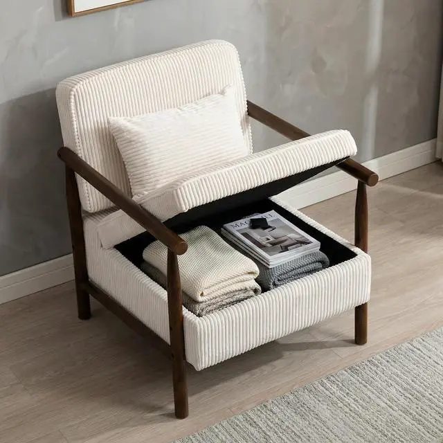 Alt view image 7 of 7 - Storage Armchair with Wide Seat, Mid Century Single Accent Chair with Wooden Armrest, Corduroy Upholstered Living Room Reading Chair with Waist Cushion for Apartment, Bedroom, Sunroom, Antique White