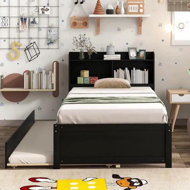 Alt view image 3 of 5 - Twin Trundle Bed with Bookcase, Wood Platform Single Bed Frame with Trundle and Storage Headboard, Solid Wooden Slat Support, Bedroom Furniture, Espresso