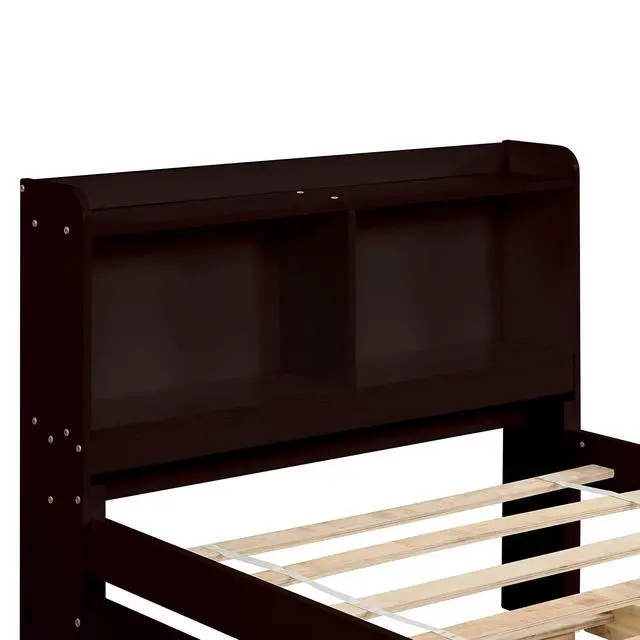 Alt view image 5 of 5 - Twin Trundle Bed with Bookcase, Wood Platform Single Bed Frame with Trundle and Storage Headboard, Solid Wooden Slat Support, Bedroom Furniture, Espresso