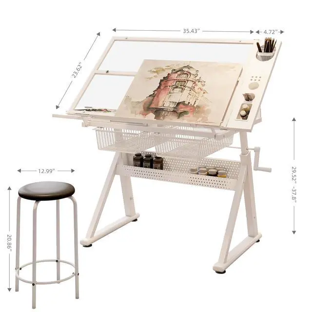 Alt view image 2 of 4 - Height Adjustable Drafting Table with Glass Top, Drawers, Stool, White | Hand Crank Adjustable Drawing Desk with Tiltable Tempered Glass Top, Metal Storage Drawers for Diamond Painting, Craft DIY