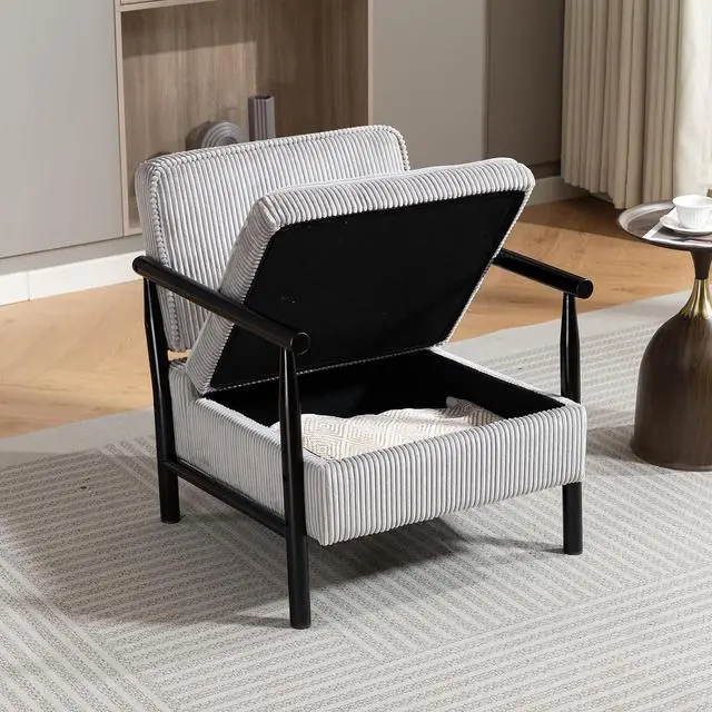 Main image of Storage Armchair with Wide Seat, Mid Century Single Accent Chair with Wooden Armrest, Corduroy Upholstered Living Room Reading Chair with Waist Cushion for Apartment, Bedroom, Sunroom, Antique Gray