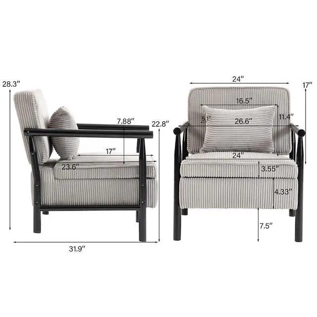 Alt view image 2 of 7 - Storage Armchair with Wide Seat, Mid Century Single Accent Chair with Wooden Armrest, Corduroy Upholstered Living Room Reading Chair with Waist Cushion for Apartment, Bedroom, Sunroom, Antique Gray