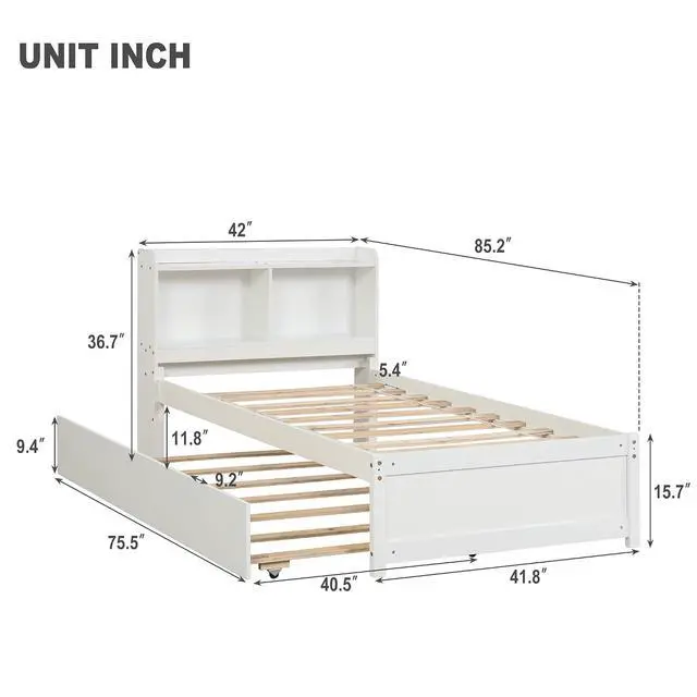 Alt view image 2 of 5 - Twin Trundle Bed with Bookcase, Wood Platform Single Bed Frame with Trundle and Storage Headboard, Solid Wooden Slat Support, Bedroom Furniture, White
