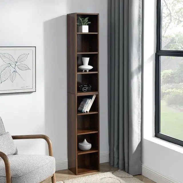 Alt view image 4 of 7 - 8-Tier Tall Sling Bookshelf, Narrow DVD Display Shelf, CD Tower Rack, Cube Storage Organizer with Adjustable Shelves, Double-Decker Bookcase for Home Office Decor, Walnut
