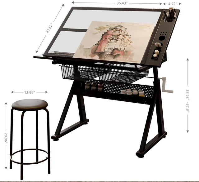 Alt view image 2 of 7 - Height Adjustable Drafting Table with Glass Top, Drawers, Stool, Black | Hand Crank Adjustable Drawing Desk with Tiltable Tempered Glass Top, Metal Storage Drawers for Diamond Painting, Craft DIY