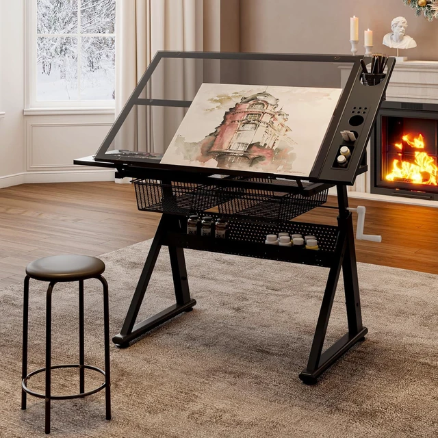 Main image of Height Adjustable Drafting Table with Glass Top, Drawers, Stool, Black | Hand Crank Adjustable Drawing Desk with Tiltable Tempered Glass Top, Metal Storage Drawers for Diamond Painting, Craft DIY