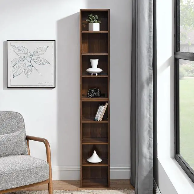 Alt view image 5 of 7 - 8-Tier Tall Sling Bookshelf, Narrow DVD Display Shelf, CD Tower Rack, Cube Storage Organizer with Adjustable Shelves, Double-Decker Bookcase for Home Office Decor, Walnut
