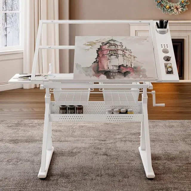 Alt view image 4 of 4 - Height Adjustable Drafting Table with Glass Top, Drawers, Stool, White | Hand Crank Adjustable Drawing Desk with Tiltable Tempered Glass Top, Metal Storage Drawers for Diamond Painting, Craft DIY