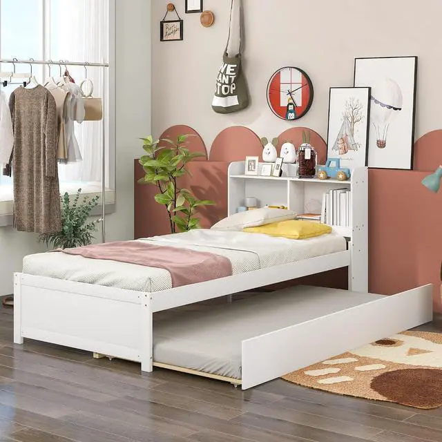 Main image of Twin Trundle Bed with Bookcase, Wood Platform Single Bed Frame with Trundle and Storage Headboard, Solid Wooden Slat Support, Bedroom Furniture, White