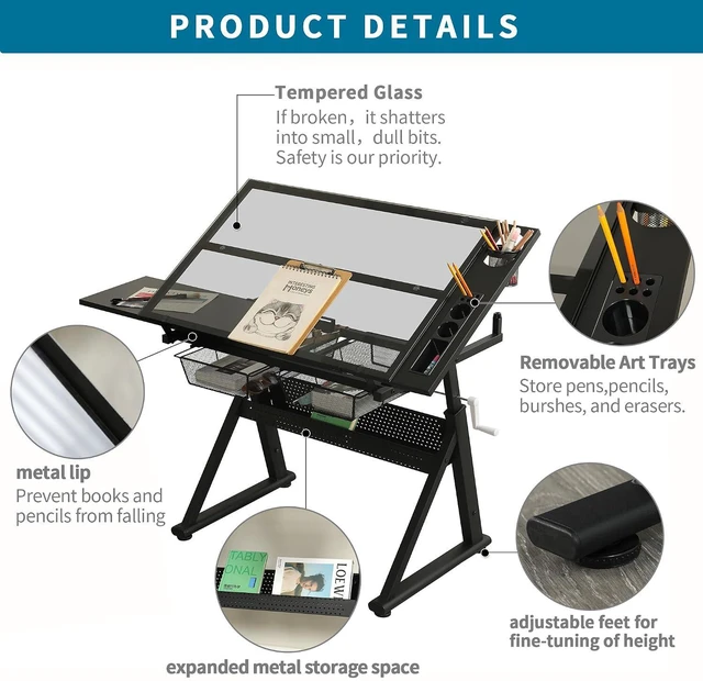 Alt view image 3 of 7 - Height Adjustable Drafting Table with Glass Top, Drawers, Stool, Black | Hand Crank Adjustable Drawing Desk with Tiltable Tempered Glass Top, Metal Storage Drawers for Diamond Painting, Craft DIY