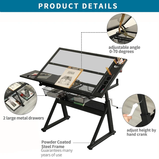 Alt view image 4 of 7 - Height Adjustable Drafting Table with Glass Top, Drawers, Stool, Black | Hand Crank Adjustable Drawing Desk with Tiltable Tempered Glass Top, Metal Storage Drawers for Diamond Painting, Craft DIY