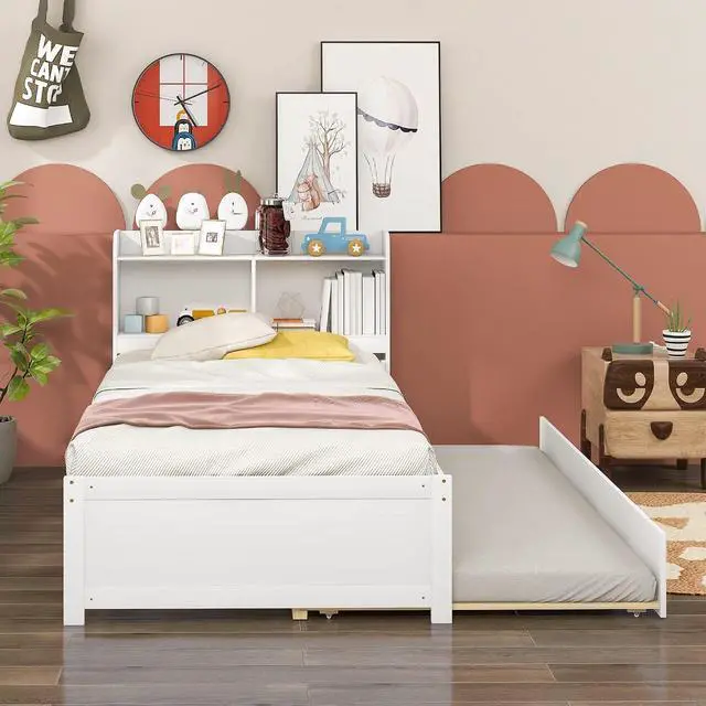 Alt view image 3 of 5 - Twin Trundle Bed with Bookcase, Wood Platform Single Bed Frame with Trundle and Storage Headboard, Solid Wooden Slat Support, Bedroom Furniture, White
