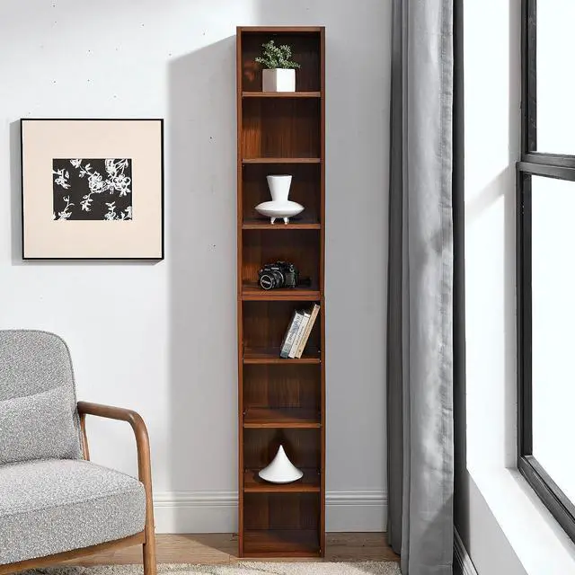 Alt view image 6 of 7 - 8-Tier Tall Sling Bookshelf, Narrow DVD Display Shelf, CD Tower Rack, Cube Storage Organizer with Adjustable Shelves, Double-Decker Bookcase for Home Office Decor, Walnut