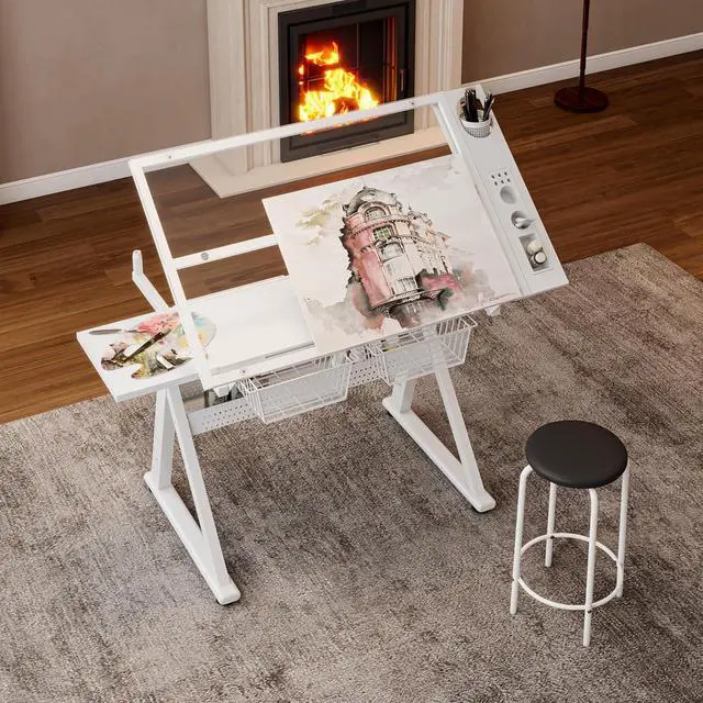 Alt view image 3 of 4 - Height Adjustable Drafting Table with Glass Top, Drawers, Stool, White | Hand Crank Adjustable Drawing Desk with Tiltable Tempered Glass Top, Metal Storage Drawers for Diamond Painting, Craft DIY
