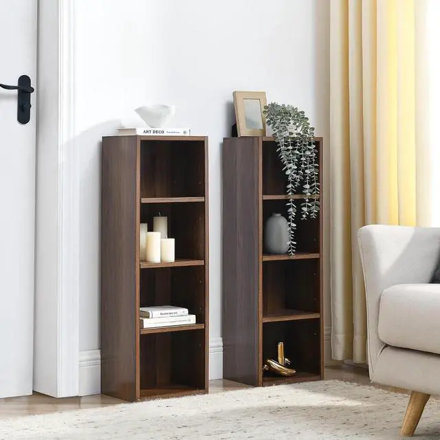 Alt view image 7 of 7 - 8-Tier Tall Sling Bookshelf, Narrow DVD Display Shelf, CD Tower Rack, Cube Storage Organizer with Adjustable Shelves, Double-Decker Bookcase for Home Office Decor, Walnut