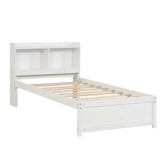 Alt view image 4 of 5 - Twin Trundle Bed with Bookcase, Wood Platform Single Bed Frame with Trundle and Storage Headboard, Solid Wooden Slat Support, Bedroom Furniture, White