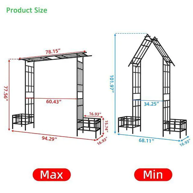 Alt view image 2 of 6 - Garden Arch Trellis with Planter Box for Climbing Plants, Metal Garden Arbor with Adjustable Width 5.7~7.9Ft, Outdoor Arboria Wedding Archway for Lawn, Patio, Backyard, Ceremony Decoration, Black