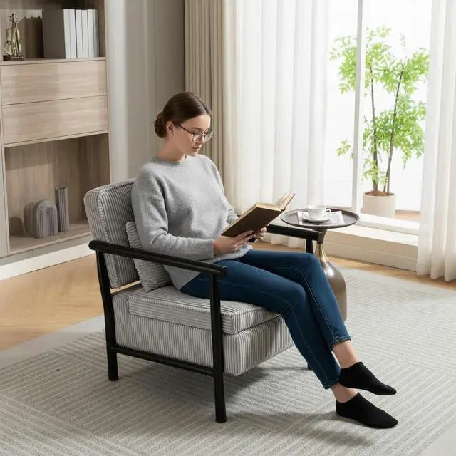 Alt view image 6 of 7 - Storage Armchair with Wide Seat, Mid Century Single Accent Chair with Wooden Armrest, Corduroy Upholstered Living Room Reading Chair with Waist Cushion for Apartment, Bedroom, Sunroom, Antique Gray