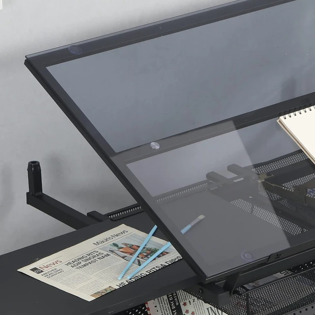 Alt view image 7 of 7 - Height Adjustable Drafting Table with Glass Top, Drawers, Stool, Black | Hand Crank Adjustable Drawing Desk with Tiltable Tempered Glass Top, Metal Storage Drawers for Diamond Painting, Craft DIY